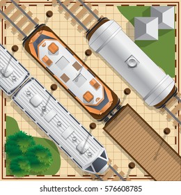 Railway locomotive and wagons at the station. View from above. Vector illustration.