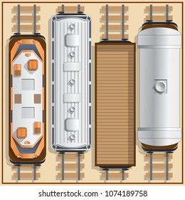 Railway locomotive and wagons. View from above. Vector illustration.