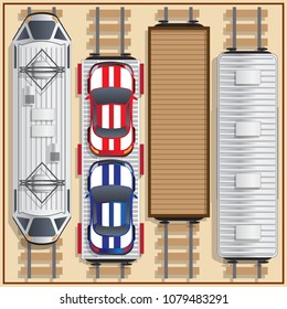 Railway locomotive and wagons. View from above. Vector illustration.