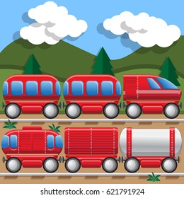 Railway locomotives and wagons. Side view. Vector illustration.