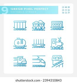 Conjunto de iconos de vector lineal de gradiente perfecto para la logística ferroviaria. Transporte de mercancías por ferrocarril. vagón de tren. El símbolo de contorno delgado diseña el paquete. Colección de ilustraciones de esquema aisladas