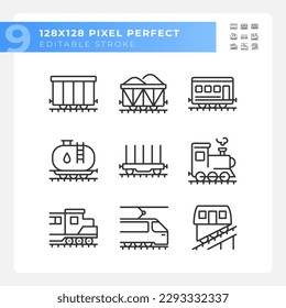 Bahnlogistik Pixel perfekte lineare Icons Set. Schienengüterverkehr. Eisenbahnstrecke. Zugwaggon. Anpassbare Thin-Line-Symbole. Einzige Vektorgrafik-Rahmenillustrationen. Bearbeitbarer Hub