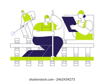 Ilustración vectorial de concepto abstracto de mantenimiento ferroviario. Trabajadores en traje protector reparando línea ferroviaria, ingeniería industrial, construcción de infraestructura, grupo de inspectores metáfora abstracta.