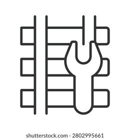Railway maintenance icon in line design. Track repair, engineering, transport service, infrastructure, wrench, tool on white background vector. Railway maintenance editable stroke icon.