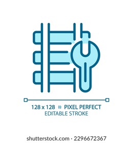 Railway maintenance pixel perfect blue RGB color icon. Train track repair. Railroad construction. Rail engineering. Isolated vector illustration. Simple filled line drawing. Editable stroke