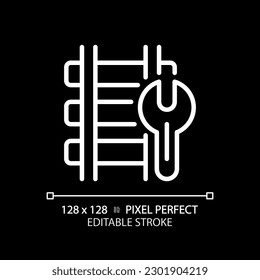 Railway maintenance pixel perfect white linear icon for dark theme. Train track repair. Railroad construction. Rail engineering. Thin line illustration. Isolated symbol for night mode. Editable stroke