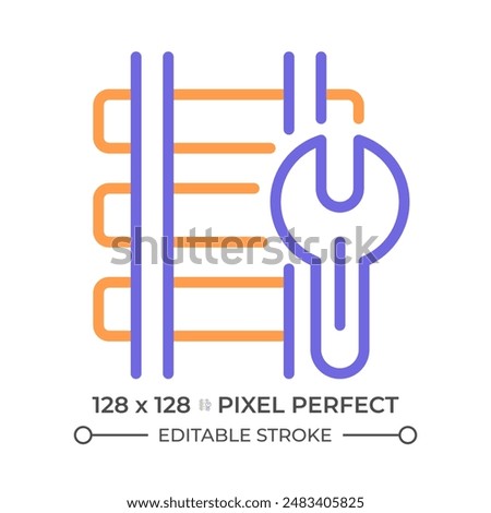 Railway maintenance two color line icon. Train track repair. Railroad construction. Rail engineering bicolor outline symbol. Duotone linear pictogram. Isolated illustration. Editable stroke