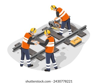 railway maintenance working service and inspecting engineer and worker woth tools to cutting isometric isolated