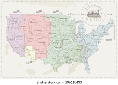 Railway map of United States in color