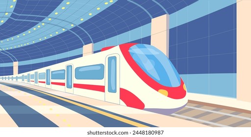 Railway. Metro station. Night Train. Passenger carriages on an empty platform. Transport for travel. Departure of the train from the platform. Vector illustration