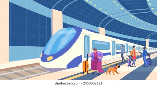 Railway. Metro station. Night Train. Passenger carriages on a platform with people. Inclusion human. Travel of a big woman with a dog and luggage. Meeting. Vector illustration