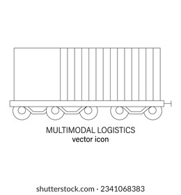 Railway or multimodal logistics line editable icon, vector pictogram of train. Illustration of flat wagon carrying container for wares transportation, rail freight transport, carriage of goods
