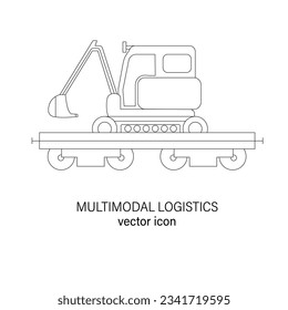 Railway or multimodal logistics line editable icon, vector pictogram of train. Illustration of flat or platform  wagon for machinery or heavy transportation, rail freight transport, carriage of goods
