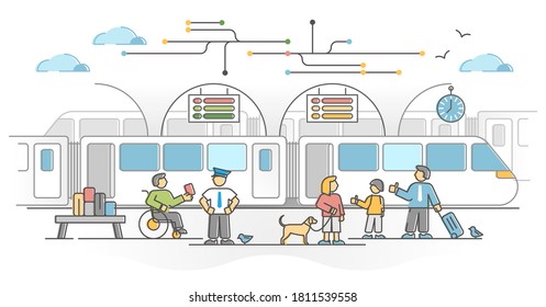 Railway network as train transport with passengers station outline concept. Urban crowded platform in city with public transportation on tiles vector illustration. Schedule board with lines connection