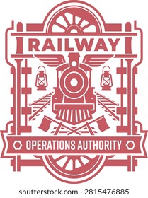 Railway operations authority emblem vector graphic. Features a train, wings, lanterns, and track elements isolated on a white background. Perfect for professional railway branding and authority logos.