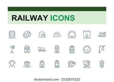 Ícones dos contornos ferroviários. Treina a coleção de ícones lineares. Traçado editável. Pacote de ícones da estação ferroviária. Ilustração vetorial.