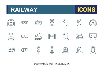 Iconos de contorno de ferrocarril. Colección de iconos lineales de tren. Trazo editable. Iconos de la estación de tren Paquete. Ilustración vectorial.