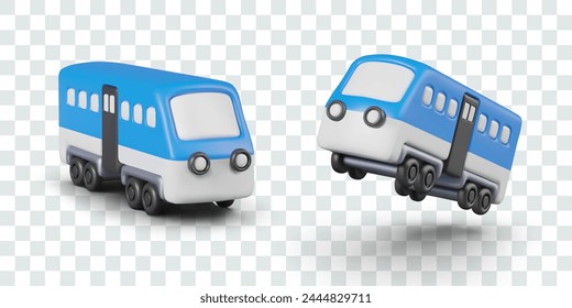 Railway passenger car in different positions. Blue subway car with empty windshield