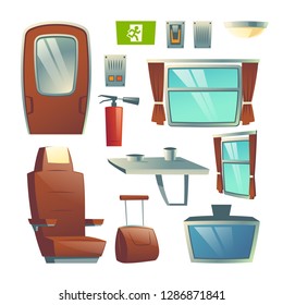 Railway Passenger Train Wagon Saloon Interior Design Elements Cartoon Vector Set With Seat, Door, Window, Table, TV Screen, Extinguisher, Emergency Exit Sign Illustration Isolated On White Background