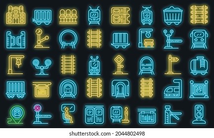 Railway platform icons set. Outline set of railway platform vector icons neon color on black
