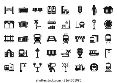 Los iconos de la plataforma ferroviaria establecen un simple vector. Metro locomotor. Cuchillo de Barrier