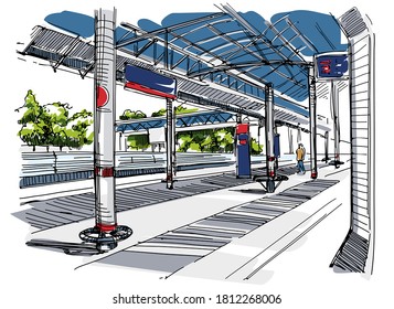 Railway platform view - hand drawn sketch