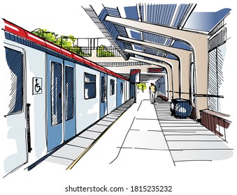Railway platform view - hand drawn sketch
