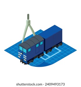 Railway project icon isometric vector. Blue railway locomotive on drawing paper. Engineering, rail transport