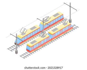 tranvía de transporte público por ferrocarril en una parada. imagen vectorial isométrica