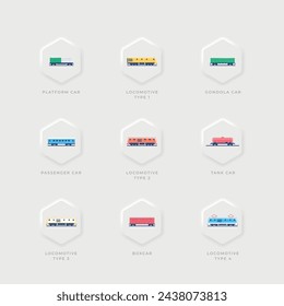 Railway rolling stock. Nine colored icons of wagons and locomotives. All the elements are laid out in layers