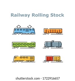 Railway Rolling Stock. Set of six thin icons. Strokes are editable