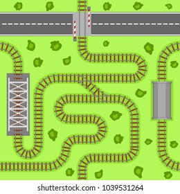 Railway seamless pattern, rail or railroad top view on the green grass. Train transportation track made of steel and wood, rail wavy or curvy, straight connections. Vector illustration