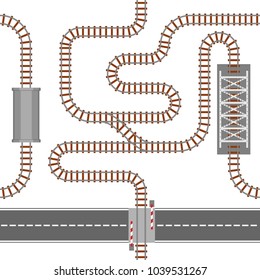 Railway seamless pattern, rail or railroad top view. Train transportation track made of steel and wood, rail wavy or curvy, straight connections. Vector illustration
