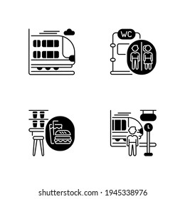 Juego de iconos lineales negros de los servicios ferroviarios. Carro de tren Bilevel, snack bar, inodoro a bordo y símbolos de contorno de glifo de tren de cercanías. Transporte ferroviario exprés. Ilustraciones de contorno aisladas de vectores