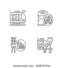 Railway services linear icons set. Bilevel rail car, snack bar, onboard toilet and commuter train customizable thin line contour symbols. Isolated vector outline illustrations. Editable stroke