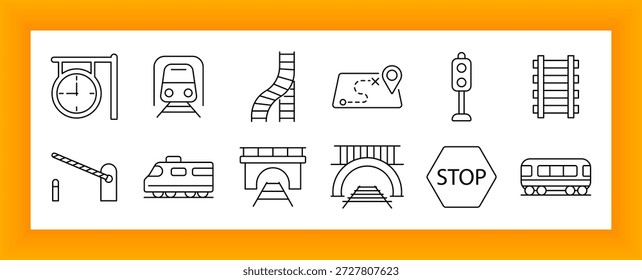 Icono de conjunto ferroviario. Tren, estación, túnel, pista, reloj, señal de parada, mapa, señal, barrera, locomotora, interruptor de ferrocarril e infraestructura para el transporte público.