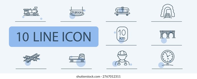 Railway set icon. Train, station sign, luggage cart, tunnel, distance marker, bridge, rail tracks, wagon, worker, clock. Transport infrastructure, travel route, platform service visuals.
