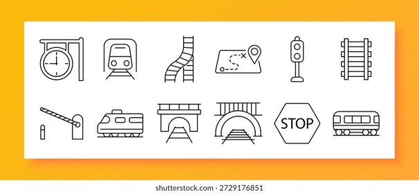 Railway set icon. Train, track, map, tunnel, stop, bridge, signal, gate, station, transport, locomotive, rail, route, travel, journey, infrastructure, transport, traffic, vehicle, movement