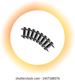 Railway sign. Curved track. Dark icon with shadow on the glowing circle button. Illustration.