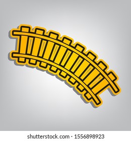 Railway sign. Curved track. Flat orange icon with overlapping linear black icon with gray shadow at whitish background. Illustration.