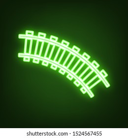 Railway sign. Curved track. Green neon icon in the dark. Blurred lightening. Illustration.