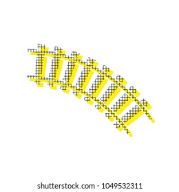 Railway sign. Curved track. Vector. Yellow icon with square pattern duplicate at white background. Isolated.