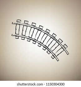 Railway sign. Curved track. Vector. Brush drawed black icon at light brown background.