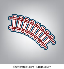 Railway sign. Curved track. Vector. Dark red, transparent and midnight green stroke of white icon at grayish background.