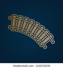 Railway sign. Curved track. Vector. Golden icon and border at dark cyan background.