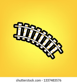 Railway sign. Curved track. Vector. Yellow polka dot white icon with black contour at warm yellow background.
