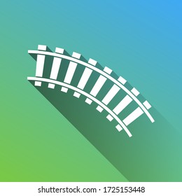 Railway sign. Curved track. White Icon with gray dropped limitless shadow on green to blue background. Illustration.