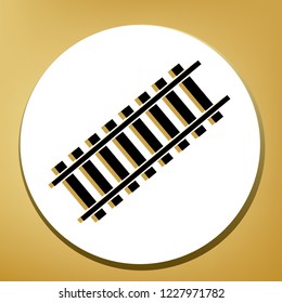 Railway sign. Tangent track. Vector. Black icon with light brown shadow in white circle with shaped ring at golden background.