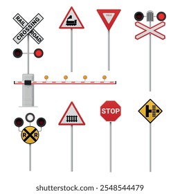 Railway sign and traffic light railroad transport control set realistic vector illustration. Train subway safety movement symbol locomotive way journey safety station crosswalk stop barrier