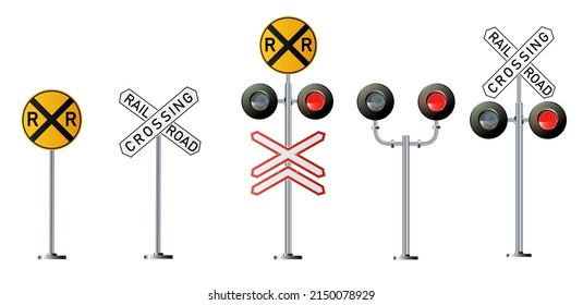 Railway signs set isolated on a white background. Vector railroad traffic light